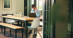 Online education, teaching and woman wave with laptop in home, virtual class and communication for remote work. Glasses, elearning or mature educator with pc, video call or explain subject for lesson