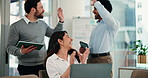 High five, laptop and meeting with business people in office for partnership, ngo funding and teamwork. Non profit project, celebration and approval with employees in agency for success and investor