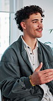 Smile, man and talking in session for therapy of mental health, personal growth and trauma support. Male person, discussion and counseling with addiction recovery, healing process and rehabilitation