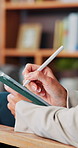 Person, therapist and hands writing with tablet for digital notes, reminder or schedule planning. Closeup, psychiatrist or agenda with technology or pen for therapy consultation or online appointment