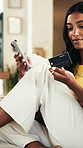 Credit card, check or woman on sofa with phone, online banking or payment in eft transaction. Fintech, easy purchase or Indian person at house with tech, remote or debit details for cashless service.