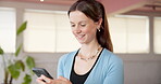 Phone, smile and woman in gym for fitness, track progress or information online for wellness. Tech, club studio and happy person with health app for pilates, exercise schedule or social media