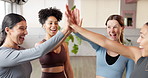 Support, high five and pilates with friends in class for fitness, motivation and community. Wellness, team building and applause with people in yoga studio for diversity, solidarity and health 