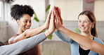 Fitness, hands together and pilates with friends in class for support, motivation and community. Wellness, team building and applause with people in yoga studio for diversity, solidarity and health 