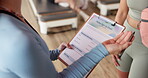 Advice, hands and clipboard for pilates membership with sign up, registration details or schedule. Women, client and instructor with paperwork in studio for application, explain contract and fitness