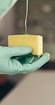 Hand, gloves or sponge with soap for washing, cleaning dishes or hygiene routine in kitchen. Service, home maintenance or housekeeper with antibacterial detergent, germs or bacteria spread prevention