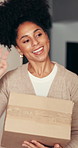 Box, delivery and thank you with woman at entrance to home for courier, ecommerce or postal service. Online shopping, package and smile with happy customer wave in doorway for supply chain shipping