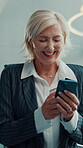 Smile, business and woman with phone in office for research, social media and finance report. Mature person, laugh and mobile for funny feedback, schedule update and review budget of investment email