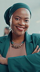 Face, happy or black woman in office with arms crossed for human rights justice, advocacy or law career. Confident, African person and attorney in workplace for legal empowerment, equality and pride.