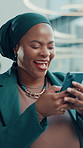 Business, woman and laugh with phone in office for research, social media and finance report. Female person, smile and mobile for funny feedback, schedule update and review budget of investment email