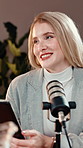 Tablet, podcast and woman talking with microphone in studio for show, storytelling or live streaming. Broadcast, technology and happy influencer recording voice with audio, content creation and radio