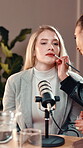 Makeup artist, broadcast and radio with woman in recording studio for interview, news anchor and stylist. Talk show host, presenter and lip stick touch up with people for podcast and live streaming
