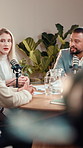 Woman, men and interview with podcast at recording studio for business advice with content creation. People, influencer and panel for broadcast, talk show and group with entrepreneurship tips on web