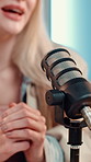 Microphone, podcast and woman in studio, speaking and recording broadcast with content creation. Person, guest and radio with equipment, influencer or media agency with live streaming and questions