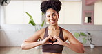 Heart, hands and face of woman for fitness, exercise and training in health club. Gym studio, portrait and african person with love, emoji and hand gesture for wellness, workout or cardio support