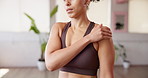 Woman, fitness and shoulder pain with tension for stress, discomfort or muscle injury in gym. Sport, female person or strain with sore joint, ache or inflammation for fibromyalgia or pressure in club