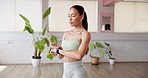 Health, check smart watch and woman with exercise information, workout progress and wellness. Person, wristwatch and tracking with fitness app to monitor heartbeat, performance or timer in studio