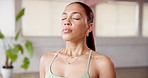 Morning, breathe and woman in house for yoga, wellness and peace for mindfulness, zen and calm. Meditation, mental health and person with breathing routine for balance, holistic exercise or awareness