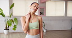Fitness, ache and girl with neck pain in studio from workout accident, inflammation or strain. Discomfort, person and massage tension in wellness club for muscle relief, exercise injury and pressure