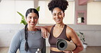 Happy, pilates and face of friends in studio for health, fitness and self care workout. Wellness, confidence and holistic exercise with people in yoga class or club for session, happiness and peace