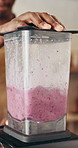 Hands, person and barista with blender for smoothie of healthy drink, customer order and nutrition. Server, machine and ingredients for protein shake, wellness benefits and beverage at coffee shop