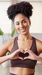 Heart, hands and face of woman for fitness, gym and training in health club. Exercise studio, portrait and african person with love, emoji and care gesture for wellness, workout or cardio support