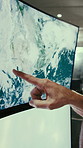 Hands, person and screen with maps in control room to monitor weather, climate change and satellite. Meteorologist, pointing and pc with hurricane surveillance, study storm pattern and global cyclone
