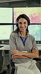 Face, screen and woman with arms crossed, satellite in control room or monitor weather. Happy, climate change or mature person with report, pc or studying storm pattern with surveillance for disaster