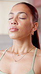 Woman, yoga and breathing exercise at gym with mindfulness, eyes closed and routine at wellness club. Person, zen and meditation with holistic self care, awareness and class for peace at studio