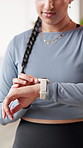 Woman, hands and fitness with smart watch, heart rate and check results of workout on app. Exercise, person and monitor cardio information on website, progress update and tracking target time