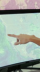 Hands, person and screen with satellite in control room to monitor weather, climate change and maps. Meteorologist, pointing and pc with hurricane surveillance, study storm pattern and global cyclone