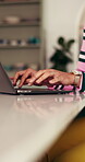 Hands, woman and typing on laptop in house for creative project, editing article and remote work. Freelancer, content writer and tech in apartment for social media post, newsletter and blog research