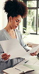Woman, paperwork and review with remote work from home, administration and project management. Person, virtual assistant and freelance with report, documents and insight with proposal at apartment