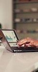 Hands, remote work and person typing on laptop with engagement analytics, traffic stats or data. Computer keyboard, writing and freelance marketer with social media chart for campaign in home office