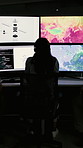 Back, woman and screen with satellite in control room to monitor weather, climate change and map. Meteorologist, computer and headset for rocket surveillance, studying storm pattern and launch safety