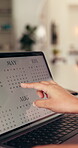 Hands, writing and calendar on laptop screen for business, schedule appointment and reminder. Person, entrepreneur notes and tech in startup for time management, important date and deadline agenda