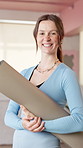Girl, face and happy at gym with yoga mat, ready and confidence at pilates class for wellness. Woman, smile and excited in portrait with pride, gear or exercise equipment at health club in Australia