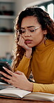 Woman, stress or scroll with phone in home for bad news, negative social media comment or online gossip. Person, reading or concerned in house with tech for cyberbullying, mobile app scam or problem.