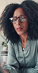 Woman, thinking and computer at office with decision, review and glasses for project at media company. Person, writer or editor with reflection, insight and perspective for article at creative agency