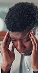 Pain, stress and black man with headache, migraine and overworked accountant in office. Tired, burnout and business person with brain fog for deadline, pressure or auditor with fatigue for report