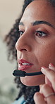 Agent, woman and talking with headset in call center for lead generation, product knowledge or FAQ. Telemarketing consultant, mic and discussion with outbound client for conflict resolution and sales