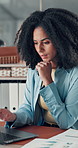 Thinking, typing and businesswoman in office with planning for creative project with laptop. Technology, research and female magazine editor with ideas for online article for publishing at agency.