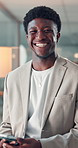 Happy, tablet and face of black man in office with confidence for finance career, ambition and about us. Financial advisor, business and portrait of person on digital tech for investment website
