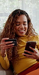 Student, girl and credit card with phone on sofa for online shopping, payment and ecommerce. Gen z person, living room and excited with technology for internet transaction and app notifications