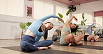 Yoga, meditation and women in studio, stretching and fitness with balance, exercise and zen. Flexibility, people and group in health club, movement and workout with awareness, pilates and peaceful