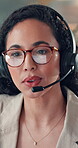 Woman, headset and call center for communication, contact us or customer care with glasses. Talking, help desk and female consultant with advice, support or telecom conversation with reflection