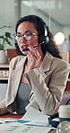 Call center, woman and talking with headset, online and communication with contact for telemarketing. Typing, info and person with tech for lead generation, services and graphs on documents or sales
