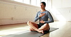 Breath, calm and woman on yoga mat in studio for meditation, mindfulness and awareness. Inner peace, morning routine and person with breathe exercise on floor for wellness, health or holistic healing