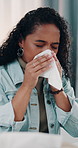 Sick, blowing nose or woman in clinic with tissue, influenza or cold congestion in allergy season. Healthcare, virus or girl in hospital with paper napkin, infection or viral flu in wellness risk.