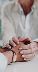 Holding hands, empathy and doctor with patient for support, bad news and communication in office. Hospital, consultation and woman in closeup for healthcare, cancer diagnosis and sympathy or trust